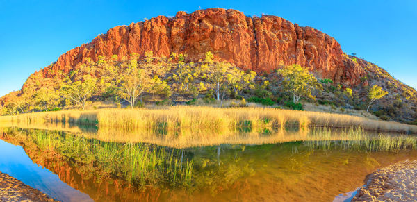 Scenic view of lake by mountain against sky