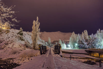 Street amidst trees against sky at night during winter