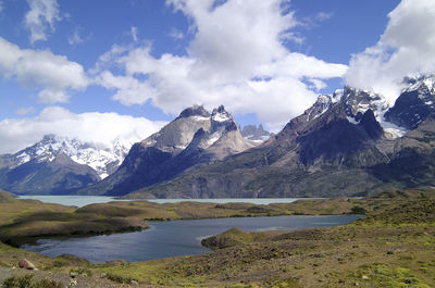 Scenic view of snowcapped mountains against sky