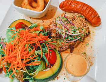 High angle view of food served on table