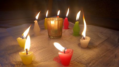 Close-up of illuminated tea light candles