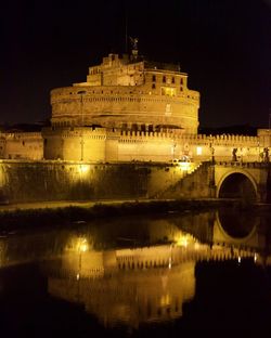 Reflection of building in water at night