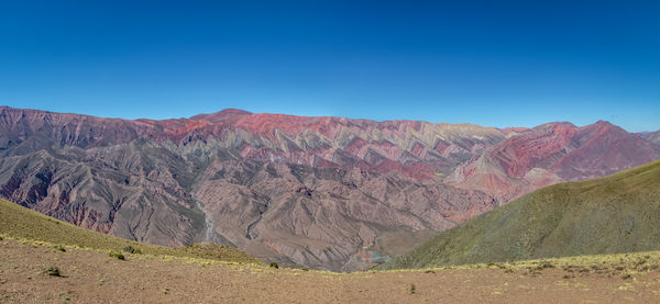 Scenic view of mountains against clear blue sky