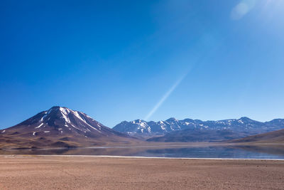 Scenic view of snowcapped mountains against blue sky