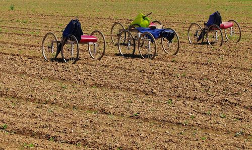 Bicycles parked on field