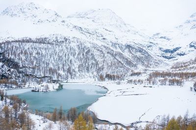 Snow covered landscape with lake