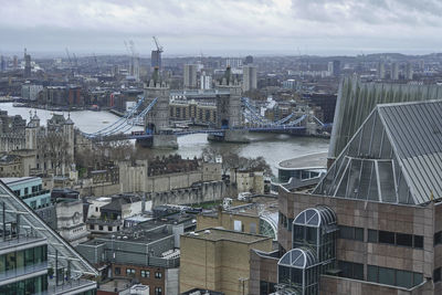 High angle view of buildings in city