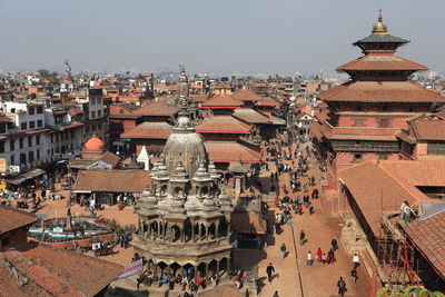 High angle view of people at patan durbar square in city
