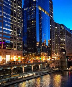 View of city lit up at night