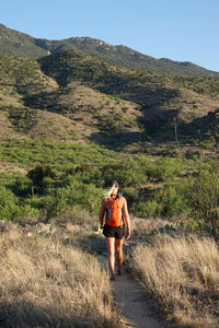 Rear view of woman hiking on trail in saguaro national park