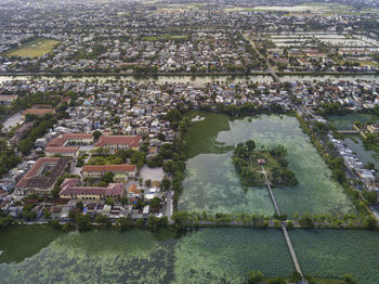 High angle view of buildings in town