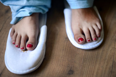 Low section of woman wearing shoes standing on floor