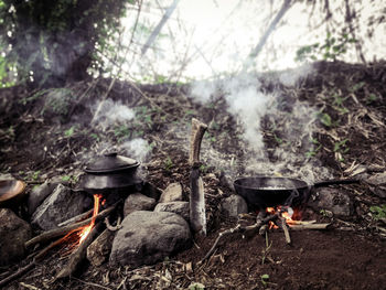 View of fire on barbecue grill
