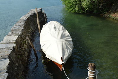 High angle view of white duck on rock by lake