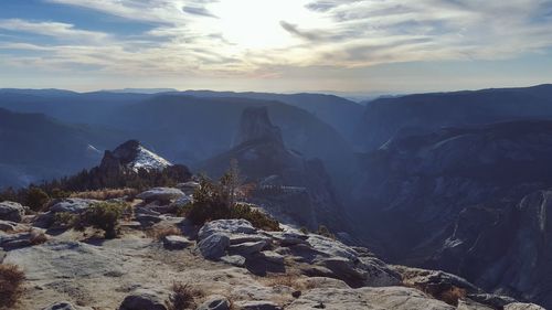 Scenic view of mountains against sky during sunset