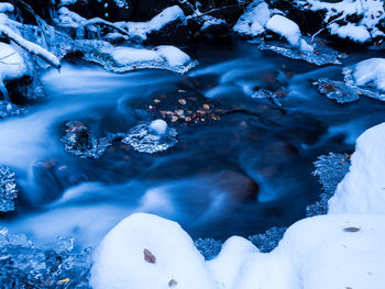 Frozen river flowing through rocks