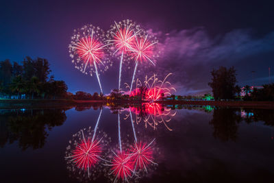 Firework display over lake against sky at night