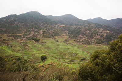 Scenic view of field and mountains against sky