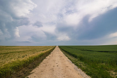 Road passing through agricultural field against sky