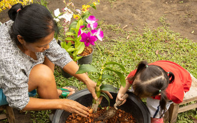 High angle view of two women on flowering plants