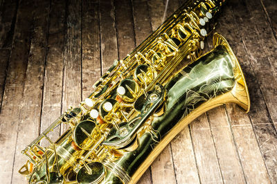 High angle view of metallic structure on table