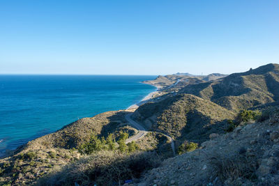 Scenic view of sea against clear blue sky