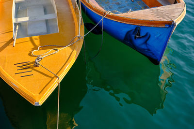 High angle view of boat moored in lake