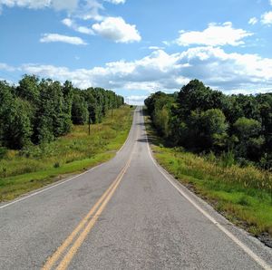 Empty road along trees and plants against sky