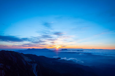 Scenic view of silhouette mountains against sky during sunset