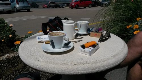 Close-up of coffee served on table at sidewalk cafe