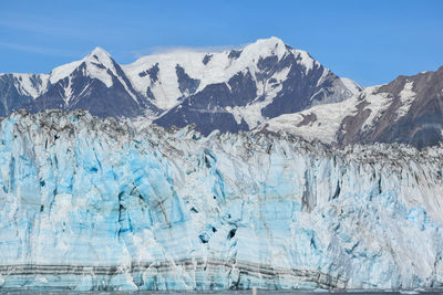 View of glacier with snowcapped mountains in backgrounds