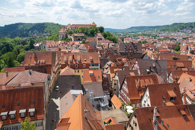 High angle view of townscape against sky