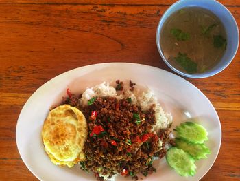 High angle view of meal served on table