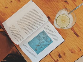 High angle view of open book on table