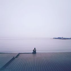 Rear view of man sitting on sea against sky