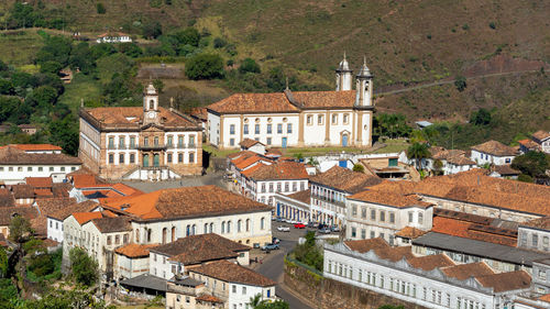 High angle view of buildings in town