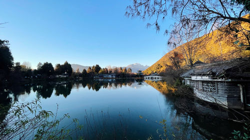 Scenic view of lake against clear sky during autumn