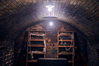 Old abandoned basement with shelving covered spider web. old red brick wine vault abandoned