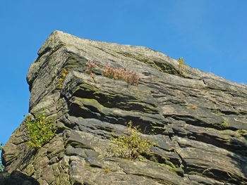 Low angle view of rock formation against clear blue sky