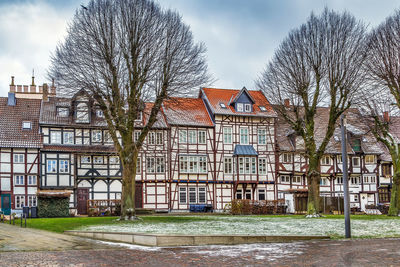 Houses and trees by building in city against sky