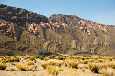 Mountain at desert against clear sky