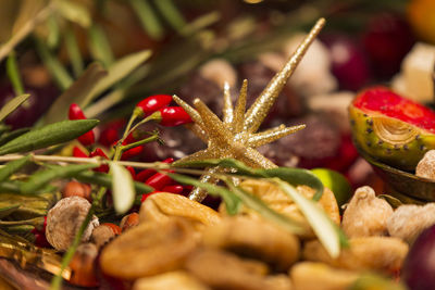 Close-up of chopped fruits on leaf