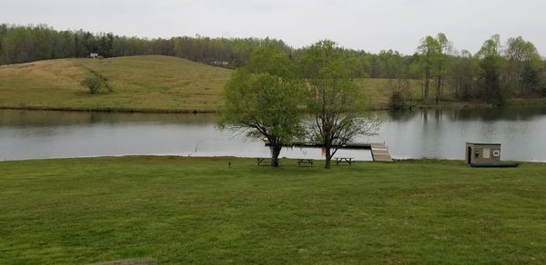 Scenic view of lake by trees against sky