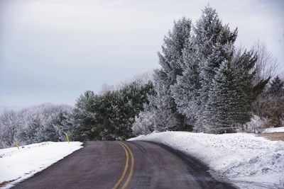 Snow covered road amidst trees against sky