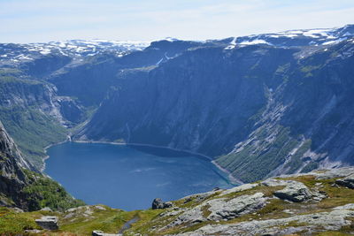 Scenic view of lake and mountains against sky