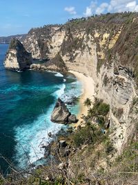 Scenic view of rocks in sea against sky