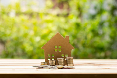 Close-up of cardboard model home with coins on wooden table against plants