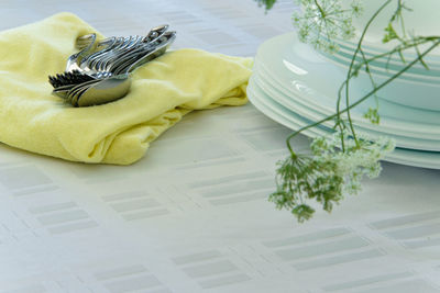 High angle view of plates with forks and spoon on table