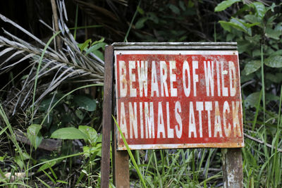 Close-up of warning sign on field