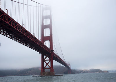 Low angle view of suspension bridge against sky